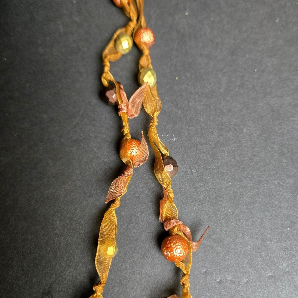 Cookie Lee Long Necklace Gold Bronze Beads Ribbon Tie 42" Boho Layering Jewelry - Picture 3 of 7